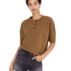 Madewell Short-Sleeve Crop Henley Tee -- Olive Green -- Size Small